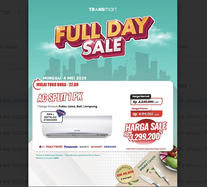 Buruan! AC Split 1 PK Hemat Jutaan, Promo Transmart!