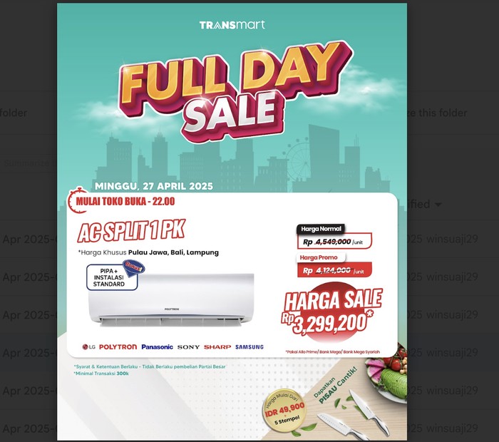 Buruan! AC Split 1 PK Hemat Jutaan, Transmart Full Day Sale