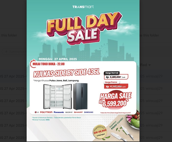 Buruan! Kulkas Side by Side 436L Murah, Transmart Sale!