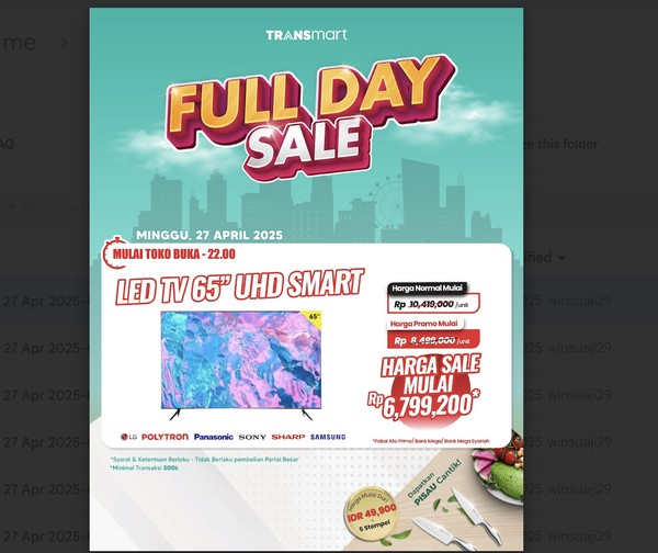 Rebut Smart TV UHD 65 Inch Murah, Transmart Full Day Sale!